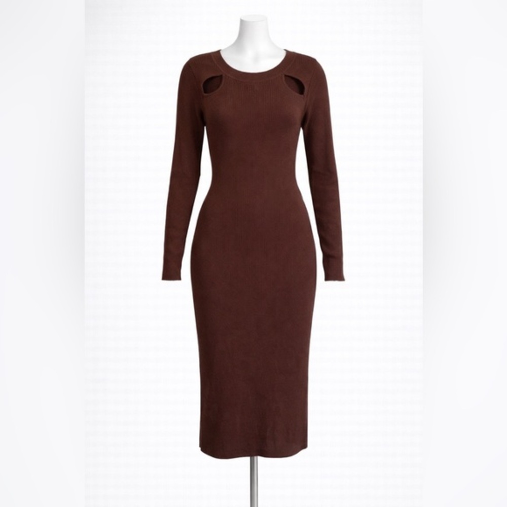 And Now This Brown Ribbed Shoulder Cutout Bodycon Midi Knit Dress Size Medium